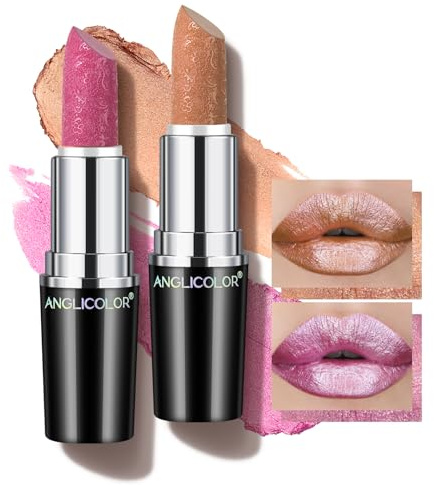 Anglicolor Pintalabios Metallic Brillo, Lapiz de Labios Hidratante Gloss Larga Duracion Nutritiva, Barra de Labios Permanente Alto Pigmentada Purpurina Maquillaje (10+15, 8g)