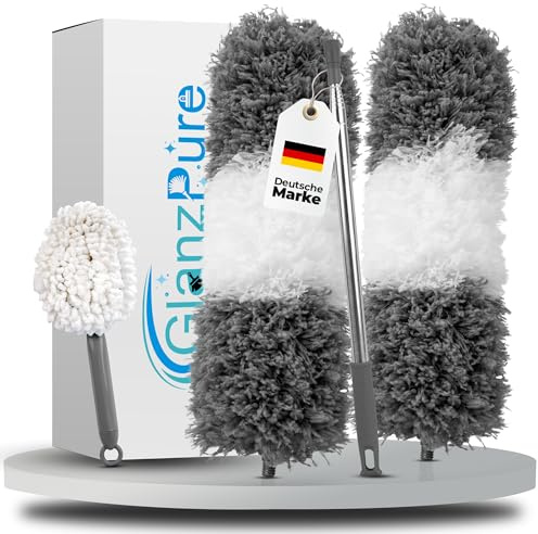 GlanzPure Staubwedel Teleskop 2,5 m – Mikrofaser Staubwedel für hohe Decken, Spinnweben, Möbel & Jalousien, waschbar