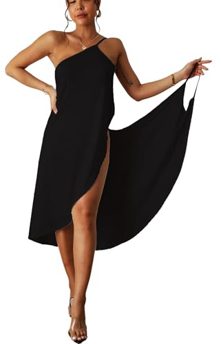 ZKZFCAI Damen Strandkleid Sommerkleid Bikini Cover Up Träger Rückenfrei Wickeltuch Strandtuch Urlaub Lange Strandkleider Towel Pareos Sexy V Ausschnitt Strandrock（Schwarz）