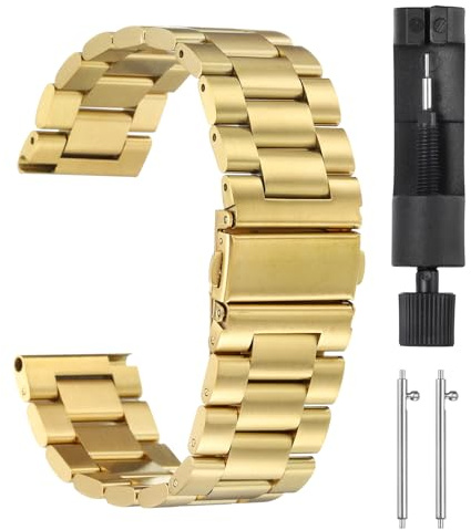 QUARKZMAN Acero Inoxidable Reloj Correas 22 Mm Mariposa Cierre Con Chapado En Metal Liberación Rápida Acero Sólido Cadena Con Adaptador Para Reloj Inteligente Tono Dorado