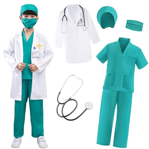 XFOZDM Costume da medico, per bambini, con camice medico, accessorio medico, infermiera, Halloween, costume di carnevale, regalo per ragazzi e ragazze, verde 120