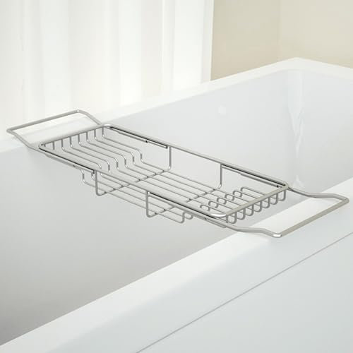GIYDNEI Edelstahl-Badewannen-Caddy-Tablett, Erweiterbarer Badewannen-Tabletttisch, Verstellbares Badezimmer-Tablett, Bad-Organizer-Wannenregal,Silber,26.8~35.4in