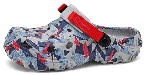 ihinzry Zuecos de Jardín para Hombre, Zuecos con Gráficos, Sandalias de Playa Slip-On para Hombre, Zapatillas de Exterior con Correa Ajustable, gris y rojo, 44 EU