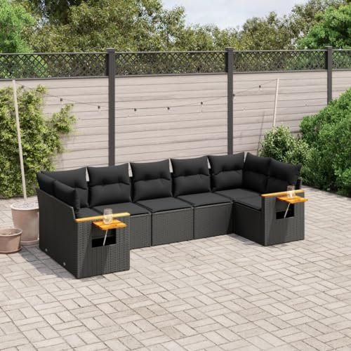 THOYTOUI 7-TLG. Garten-Sofagarnitur, Gartengarnitur Set Gartenset Tisch und stühle Sitzgruppe Outdoor Garten essgruppe Geeignet für Balkon Terrasse Garten Veranda mit Kissen Schwarz Poly Rattan