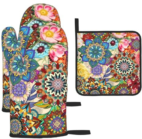 Boho Floral Oven Mitts and Pot Holders Sets, Heat Resistant Colorful Kitchen Gloves Hot Pads, Cute Baker Stuff, Chef Cooking Baking Gifts for Women Bakers, Kitchen Gifts for Cooking Lover Cooks Mom