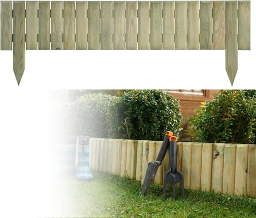 Wooden Log Panel Roll Garden Border Edging Fence Lawen Pressure Treated Fixed Picket Flower Fencing 15cm High Lawn Edging (Set of 5 - Length 450 cm (Approx. 15ft))