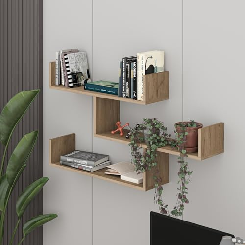 HOCUS PICUS Tibet Wandregal mit 3 Ebenen, modernes Design, 3-teiliges Schweberegal, viele Farboptionen, einfach zu montieren, Wohnzimmer, Büro, Aufbewahrung – 119 x 66,5 x 22 cm (Eiche Natur)