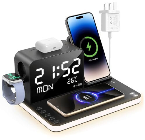 Charging Station,7 in 1 Dual Phone Wireless Charger with Clock,Bedside Docking Station with Light,33W Adapter,TimeSync,Fast Charger for iPhone17 16 15 14 13 12 Pro Max Apple Watch Airpods Samsung