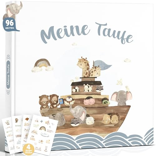 Taufgeschenk für Junge Mädchen Patenkind Gästebuch Taufe mit Sticker,Hochwertiges Taufbuch Taufalbum Meine Taufe Geschenk Erinnerungsalbum Erinnerungsbuch, 96 Seiten für Glückwünsche, Fotos Arche Noah