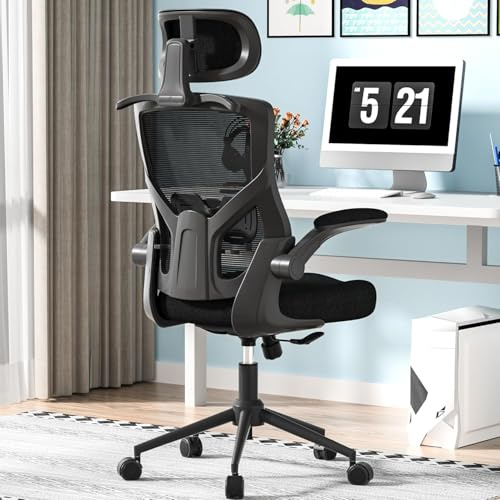 FOKESUN Silla Ergonómica de Malla con Soporte Lumbar y Reposacabezas Ajustable - Silla de Oficina Alta con Asiento de Espuma, Bloqueo y Perchero (Negro)