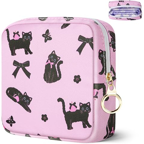 Likesing Period Bag Pouch, Canvas Sanitary Napkin Storage Bag for Girls Womens, Portable Sanitary Napkin Period Pad Pouch Bag for Purse, Small Make Up Bags, Bow-Tie Black Cat-H4962, 1.6*5.1*5.1 inch
