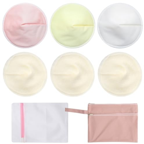 APOMOONS 6 Stück Wiederverwendbare Stilleinlagen Waschbare Stilleinlagen Saugfähig Atmungsaktive Gewebe Stilleinlagen Waschbar für Stillen mit Wäschenetz und Rosa Tragetasche(3-Schichten, 11 cm)