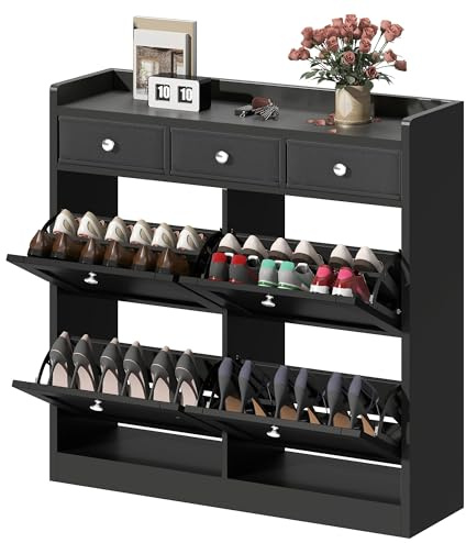 DWVO Shoe Cabinet with 4 Flip Drawers, Narrow Shoe Storage cabinet with 3 Drawers and Adjustable Shelves for Hallway, Entryway, Corridor, Small Spaces, Wooden Cupboard, Black 100 x 25 x 99.5cm