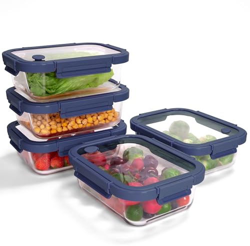 BOROHOUSE 5er-Pack Borosilikatglasbehälter mit gehärtetemDeckel, 1040 ml/ 4,4 Tassen, luftdichtes Mahlzeiten-Vorbereitungs-Set, mikrowellen-/gefriergeeignet/ofenfest-20℃~510℃, Blau