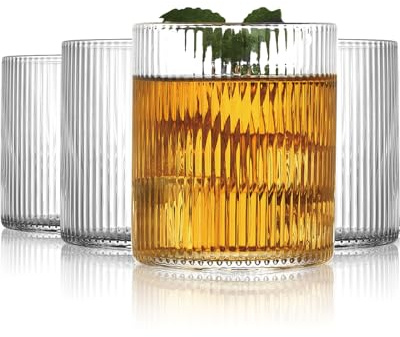 QCKNSO Lot de 4 verres à eau, striés, 300 ml, passent au lave-vaisselle, café glacé, matcha glacé, latte glacé