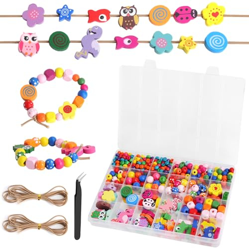 VOSSOT Perle di legno da infilare, 433 pezzi, perline colorate da infilare, per bambini, fiori e animali, perline di legno con corda, per braccialetti fai da te e creazione di gioielli