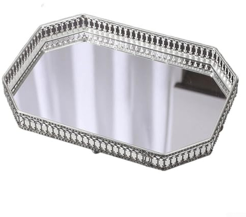 Honseadek Espejo colgante de pared con bandeja de almacenamiento de metal para decoración de tocador de baño, espejo de cristal de estilo vintage y organizador para joyas, maquillaje (E)