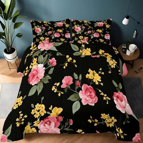 Single Summer Duvet 7.5 Tog, Small Floral Pattern Reversible Coverless Duvet Quilted for All Seasons - Breathable and Comfortable Bed Quilt for Boys and Girls, 135 x 200 cm, Black