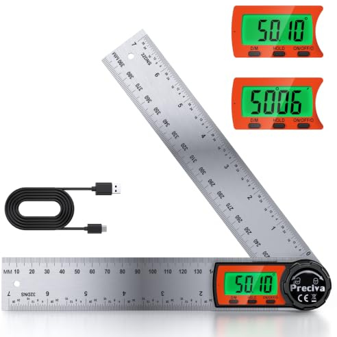 Preciva Digitaler Winkelmesser, Wiederaufladbar, Edelstahl-Lineal 400 mm, Messbereich 0°~999.9°, Feststellfunktion, Hintergrundbeleuchtung für Holzarbeiten, Heimarbeit