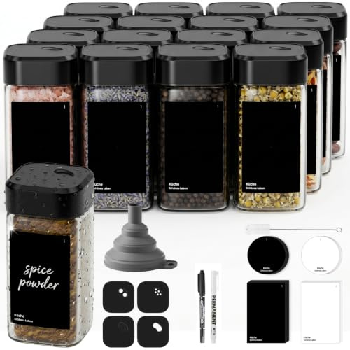 KDIUD 12 Gewürzgläser Eckig mit Drehdeckel,Gewürzstreuer Glas 120 ml - Gewürzdosen Set Starke Versiegelung - Gewürz Organizer - Gewürzbehälter mit Etikett-Gewürzglas Spice Jars(Schwarz)