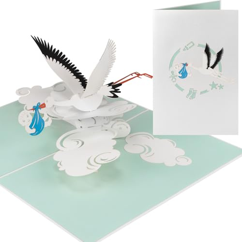 Sweetpopup® Pop-Up Karte Storche & Baby – Ideal als Glückwunschkarte oder Gutschein-Verpackung zur Geburt eines Jungen – Liebevoll handgefertigt aus edlem Metallic-Papier / 053