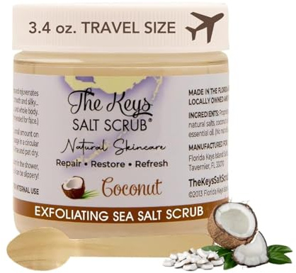 The Keys Salt Scrub -Sea Salt Scrub - Exfoliating Body Scrub with Wooden Spoon - Moisturizing Exfoliator for Hands, Foot, Bath, (3.4 Ounce (Pack of 1), Coconut)