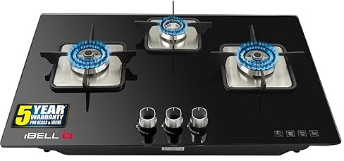 IBELL Aero3Bgh Hob 3 Burner Glass Top Gas Stove With Auto Ignition, Toughened Glass (Black), Brass