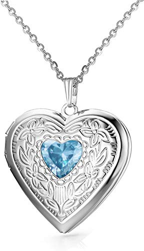 Birthstones Locket Necklace that Holds Pictures Love Heart Photo Locket Crystals Necklace Pendant Birthday Gifts (March)