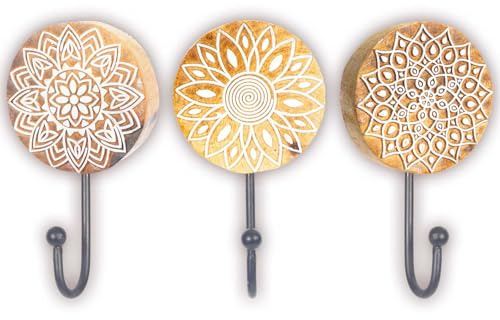 Mandala Life ART Dekorative Kleiderhaken im Boho-Stil – 3 Stück – natürliches rohes Mangoholz – handgeschnitzte Holzstempel mit Metallhaken für Mäntel, Handtücher, Schlüssel, Kleidung