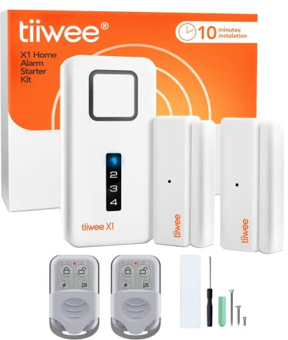 tiiwee Home Alarm System Wireless Kit X1 - Komplette Alarmanlage mit X1-Sirene, 2 Fenster Tür Sensoren und 2 Fernbedienungen - Fensteralarm Türalarm