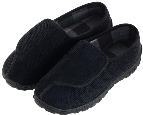 LseLom Mens Memory Foam Diabetic Slippers Extra Wide Comfy with Coral Fleece Lining Size 10 Black for Arthritis Edema Swollen Feet House Shoes
