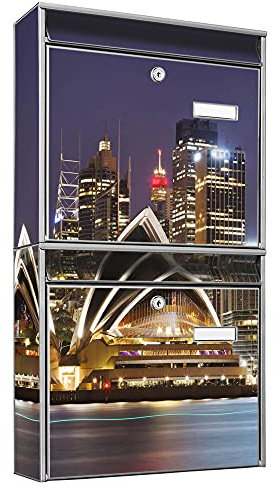 banjado Briefkastenanlage 2 Fach - 2 Briefkästen 36x64x10cm groß - Doppelbriefkasten Set - Namensschild, 2 Schlüssel, Montagematerial - Stahl verzinkt Silber - Motiv Sydney