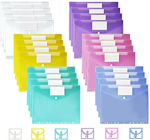 VAKKI Kunststoff-Geldbörsen, Vakki, 24 Stück, Aktenordner, A4, transparent, 6 Farben, Dokumentenmappen, Druckknopf-Geldbörsen mit 11-Loch-Rand und Etikettentasche für Zuhause, Büro, Schule