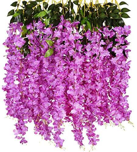 NITAIUN 12 Stück Künstliche Glyzinien Blumen, Fake Wisteria Vine Kunstpflanzen Hängende Blauregen Seidenblumen Girlande für Hochzeit Garten Wand Party Home Dekor, Gefälschte Blumen Rebe (Lila)