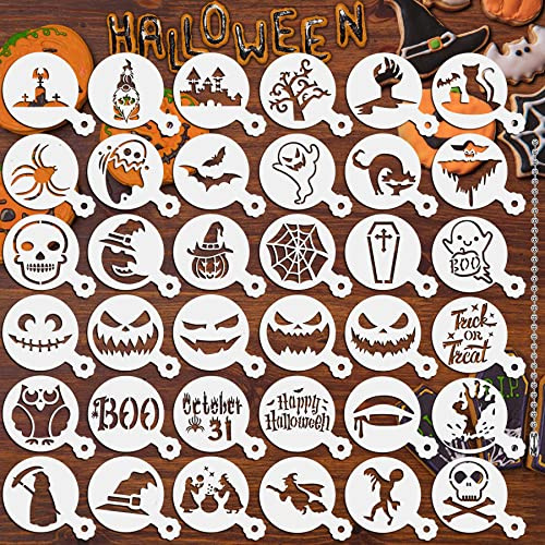 JULBEAR Halloween Stencils, Pack of 36 Halloween Coffee Reusable Cake Stencils DIY for Coffee Biscuits Cookies