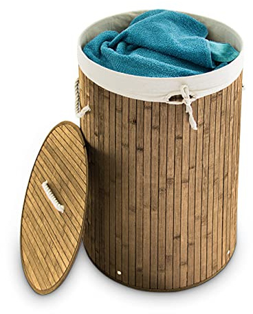 Relaxdays 1 x tvättkorg bambu, vikbar tvättbehållare med lock, volym 70 liter, tvättpåse bomull, rund Ø 41 cm, natur