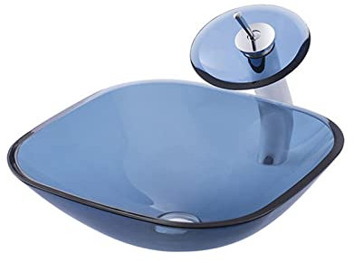 Ksunun Waschbecken Set Blau Gehärtetes Glas Aufsatzwaschbecken Modern Design Quadratisch Handwaschbecken mit Wasserfall Wasserhahn und Wasserablauf, Waschschale für Bad