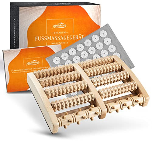 ALPENHAUCH - Fußmassageroller aus Echtholz mit Akupressurmatte - Vitalisierendes Fussmassagegerät mit Noppen - Stimulierender Fußmassage Roller - Fußmassage für Fersensporn & Plantarfasziitis