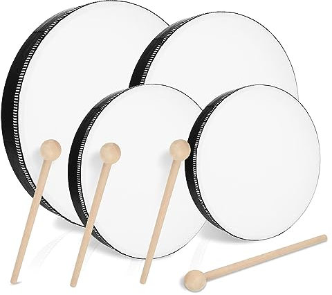 MIVIDE 4 Stück Handtrommel mit Schlägel, Tamburin Trommel, Tambourin Percussion, Holz Handtrommel Set für Party, Leistungen(4zoll, 6zoll, 8zoll und 10zoll)