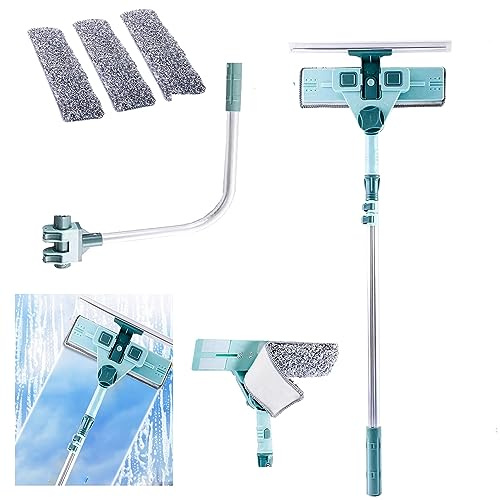 Hooha Fensterwischer Telescope, 2 in 1 Fensterreiniger mit U-Bügel Stange, Abzieher und Mikrofaserbezug, Teleskopstange von 69 bis 145 cm für Fenster Glas