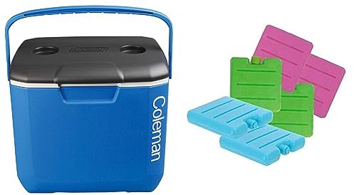 Coleman Unisex Cool Box 30 QT, Large High Performance Cooler Box, Ice Box for Drinks, Blue, 28 Litres & G4GADGET 6 Pack 8CM Freezer Blocks Ice Brick Pack