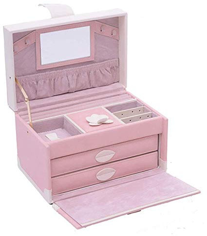 BONOOL Schmuckkästchen, tragbar, mit Schubladen, Schmucktruhe, Leder, Schmuck-Organizer für Ringe, Ohrringe, Halsketten, Samtfutter, rosafarbene Schmuckschatulle für Damen