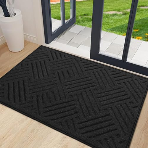 Fußmatte Außen 60x90cm, Weich Saugfähig und Schmutzabweisend Fußmatte, Rutschfest Türmatte, Maschinenwaschbare Bodenmatte für die Vordertür, Hintertür, Schmutzige Schuhe und Pfoten (Schwarz 4)