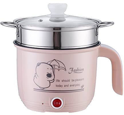 Padella Elettrica, Mini Padella Elettrica Antiaderente con Coperchio, Cuocipasta Rapido da 1,8 L, Fornello Elettrico Multifunzione con Vaporiera, Rosa