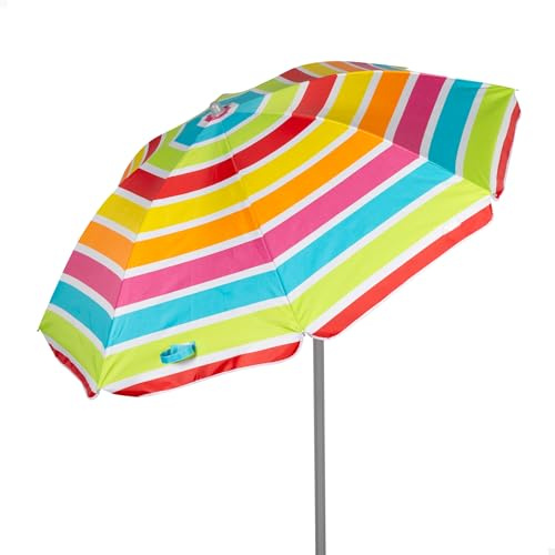 AKTIVE Sombrilla de playa, 180 cm, Rayas multicolor, Protección UV50, Inclinable y regulable en altura, Mástil acero, Tejido poliéster Oxford, 8 varillas, Incluye funda transporte con asa (62361)