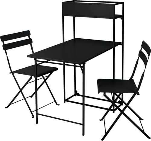matrasa Platzsparendes Bistroset - Ausklappbare Balkon Sitzgruppe - Metall Balkonmöbel 3-TLG Schwarz