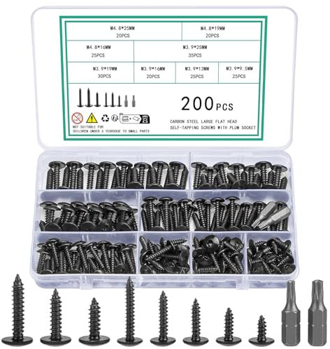 Vwoqiy 200 Pcs M4.8 M3.9 Self Tapping Screws for Wood, Torx Flat Pan Head Self Drilling Screws, Black Wafer Truss Head Screw for Repairing, with 2 Bits (black 200)