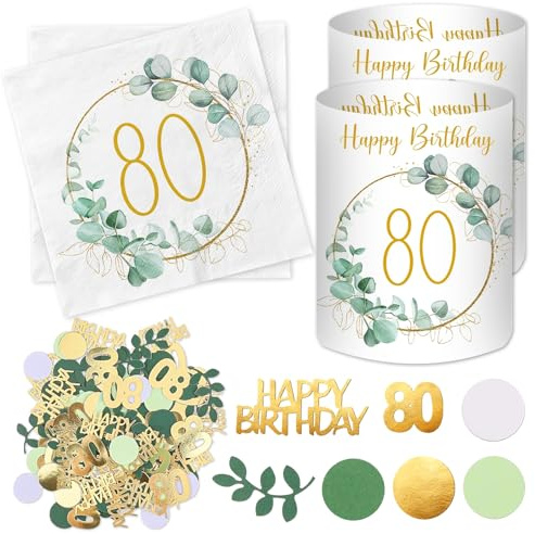 20 Stück Servietten 80 Geburtstag+ 12 Windlicht Tischdeko + 100 Konfetti Deko Grün, Eukalyptus Tisch Deko 80 Jahre, Geschenke zum 80 Geburtstag Frau Mann