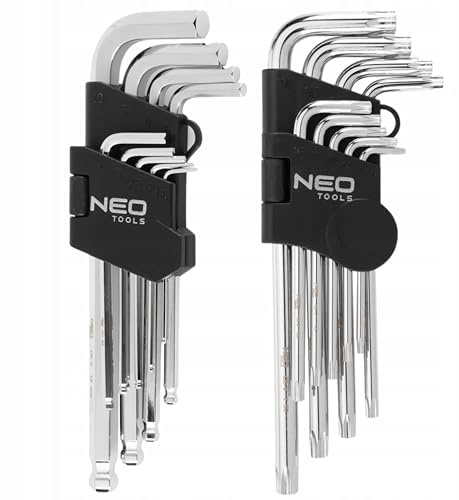 NEO TOOLS Innensechskant Satz 18tlg | Torx mit Loch T10 -T50 und Hex 1,5 mm - 10 mm | Innensechskant aus Cr-V-Stahl | Winkelschlüsselsatz mit Kugelkopf - Lang Winkelschraubendreher Set