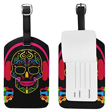Colour1 DJ Skull Icon Colori vivaci Etichette per bagagli in pelle PU con copertura posteriore completa per la privacy Etichette per valigie Accessori da viaggio - Set di 1